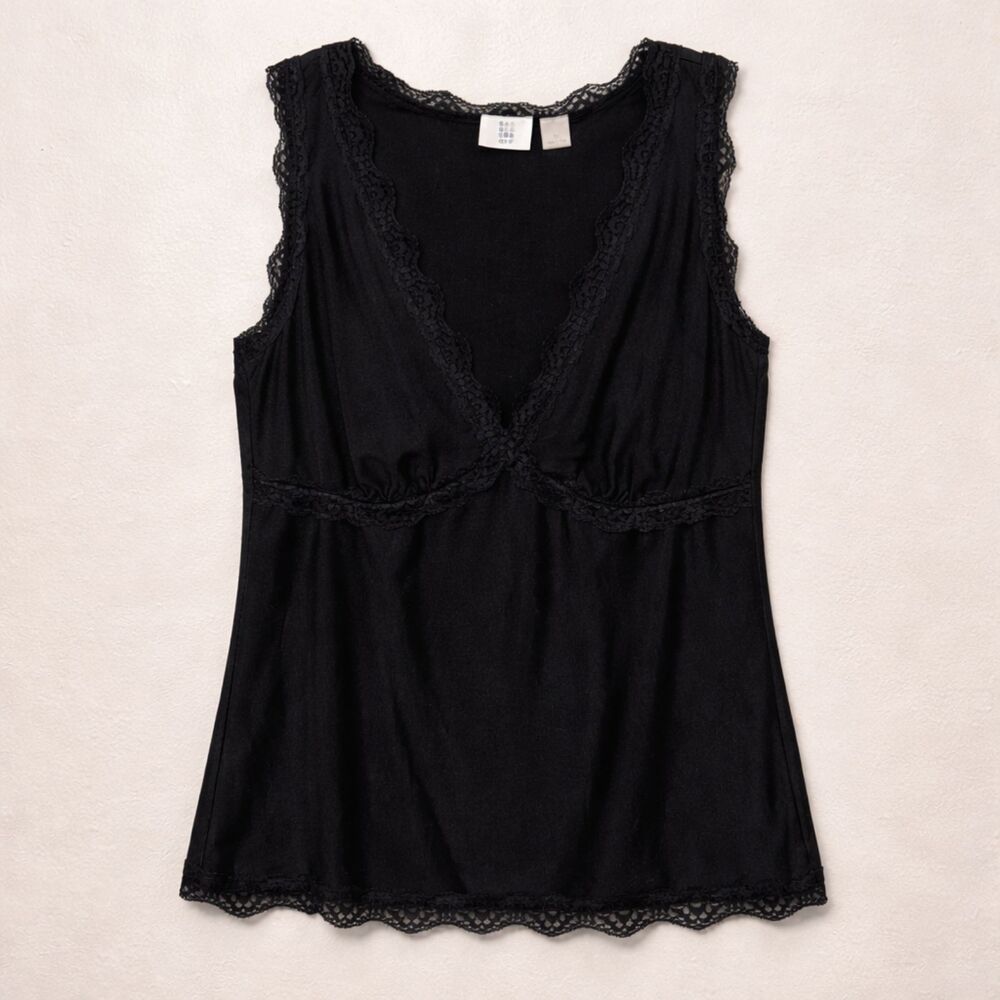 Apt. 9 Black Lace Trim Sleeveless Blouse Womens‎ M V Neck Romantic Fairygrunge